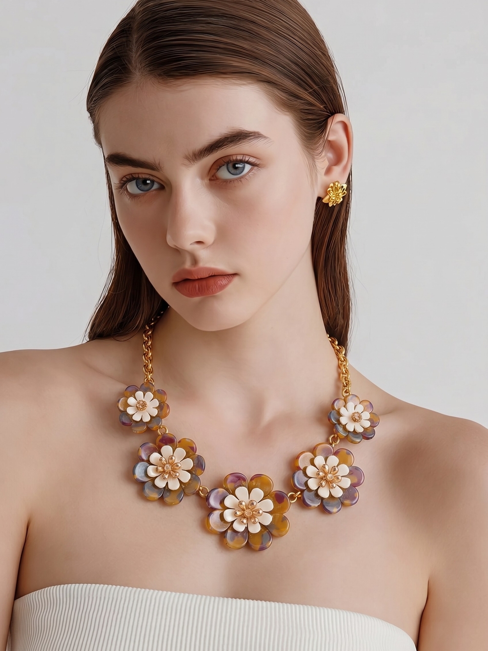 Vintage Talbots Floral Statement Necklace & Earring Set Tortoise Resin Gold Tone